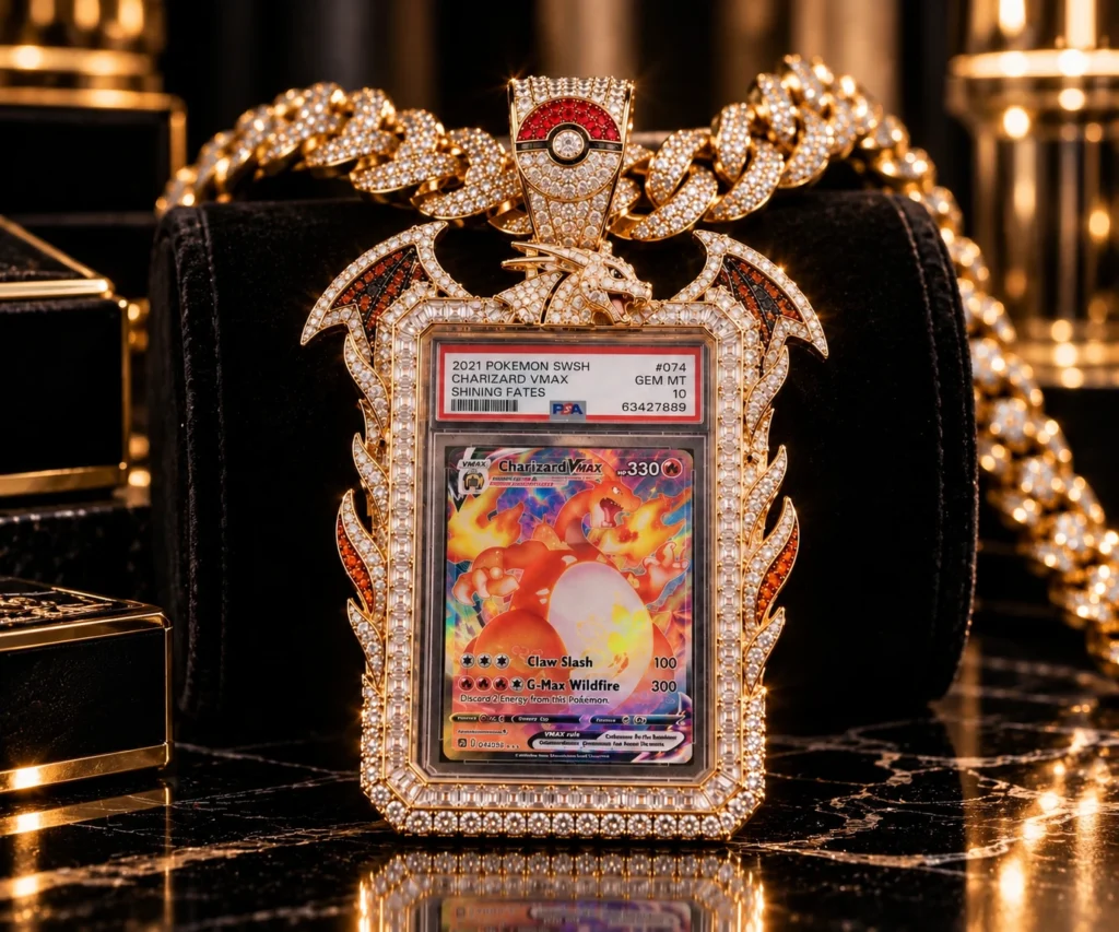Custom slab pendant with iced-out chain and Pokémon-themed bail, custom jewelry design